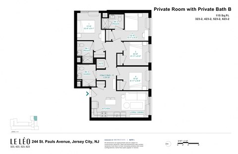 A floor plan of a private room with a private bath.